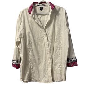 Pearly Vine Womens 2XL White Button Down Shirt Pink Floral Contrast Cuff Stretch